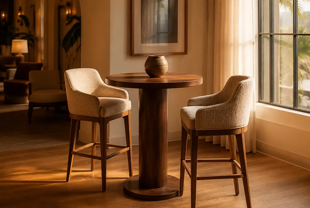 Commercial bar height tables we supply, shown in service
