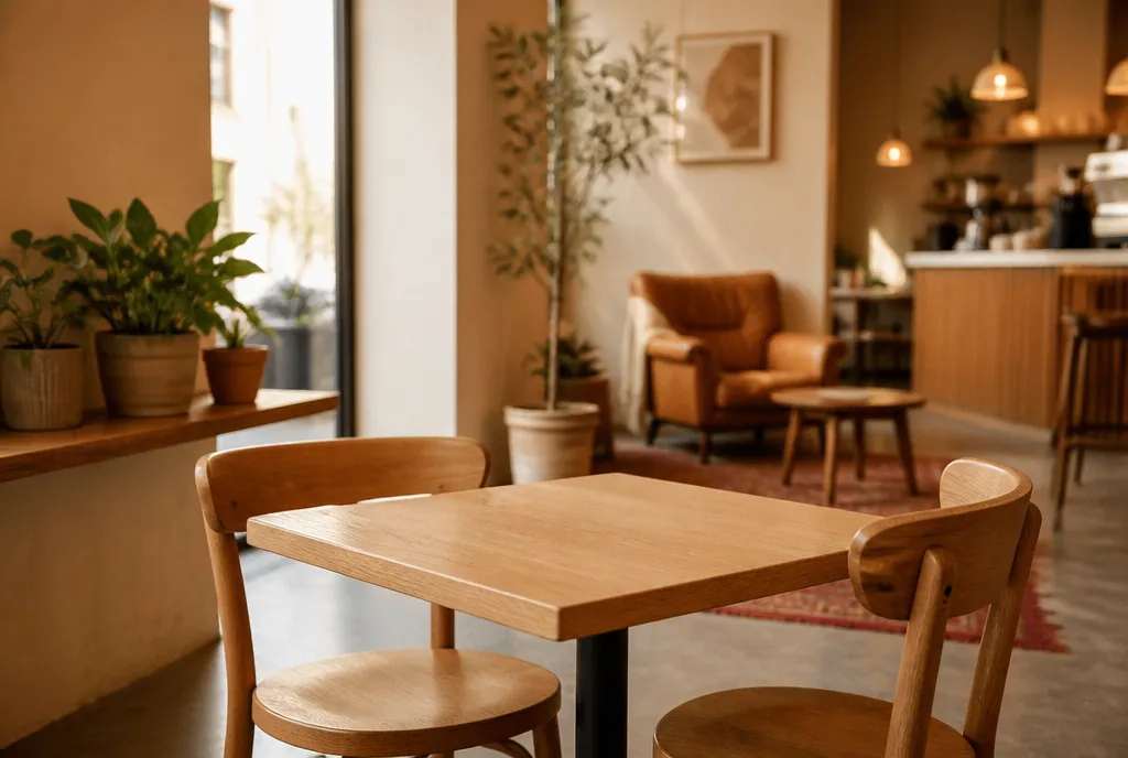 Commercial coffee shop furniture we supply, shown in service