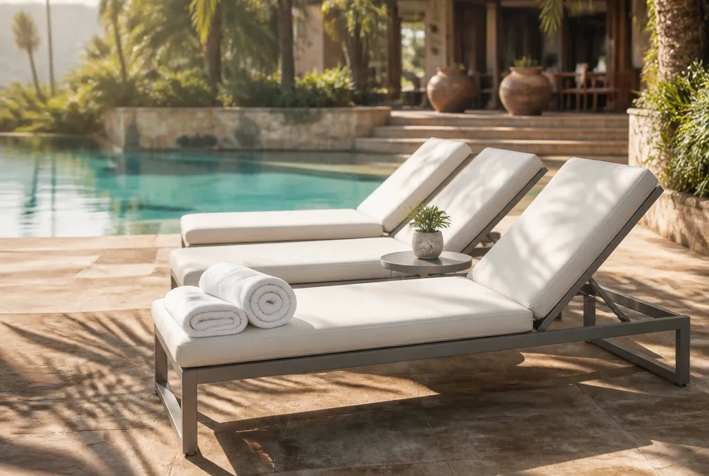 Commercial pool lounge chairs we supply, shown in service