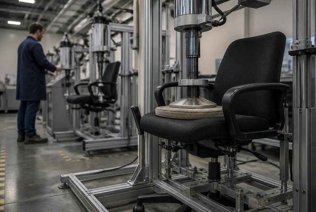 A dark commercial office chair clamped in a steel cycle-testing rig, a padded press plate loading the seat