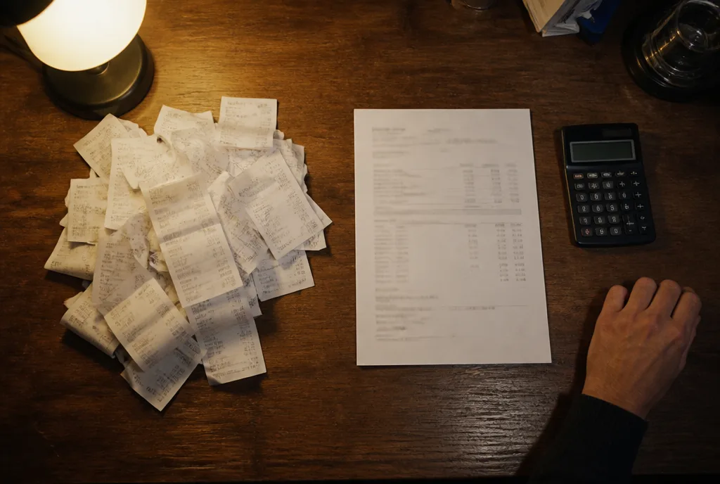 Overhead view of a pile of curled receipts beside a single sheet of paper and a calculator
