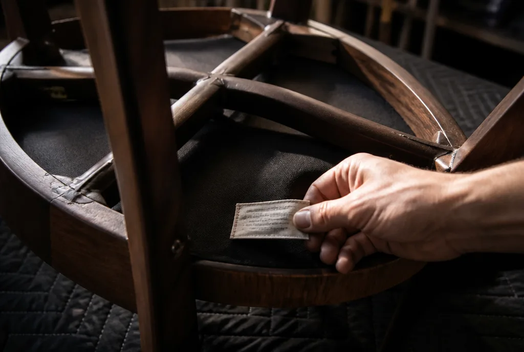 A commercial chair turned upside down on a workbench, a hand holding a stitched tag flat near the cross-braced underframe