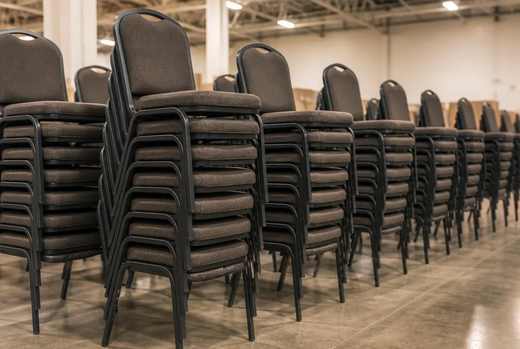 Long rows of identical black-framed commercial stacking chairs stacked eight high on a warehouse floor