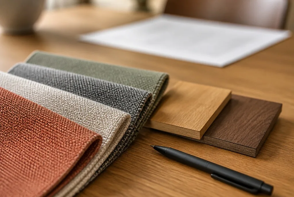 A fan of commercial upholstery swatches in terracotta, oatmeal, grey and sage beside two wood finish chips and a pen on an oak desk